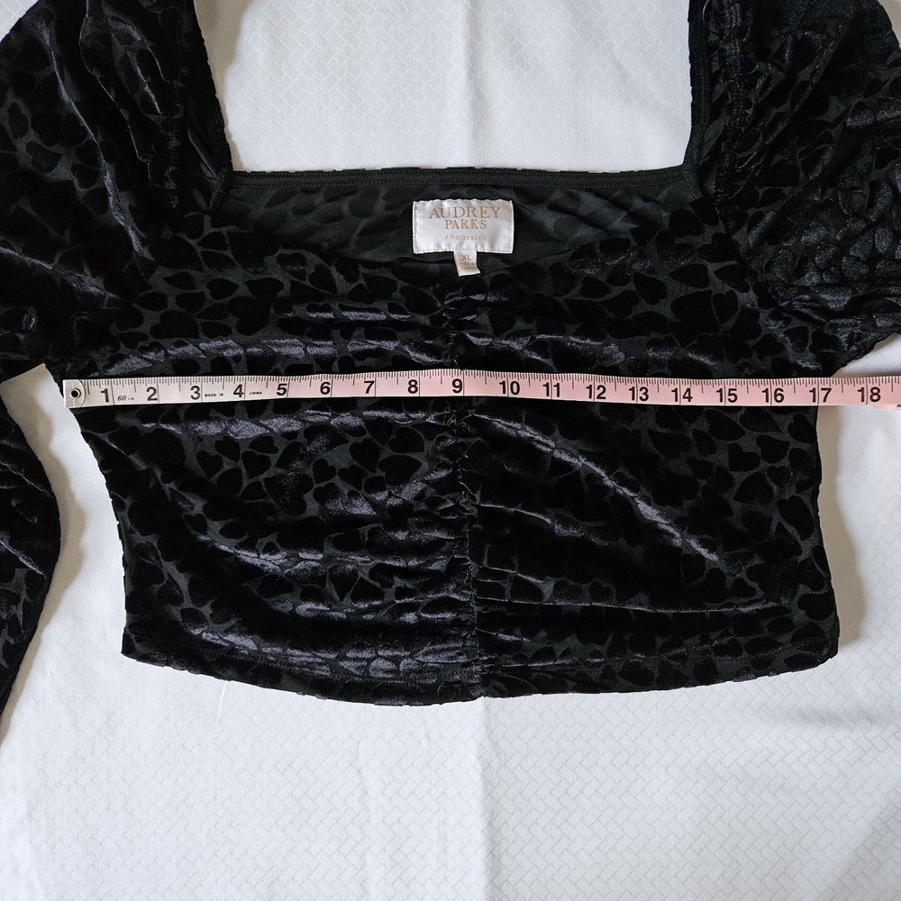 Audrey Parks Black Velvet Heart Mesh Ruched Crop Top XL Long Sleeve Romantc Goth - Picture 6 of 6